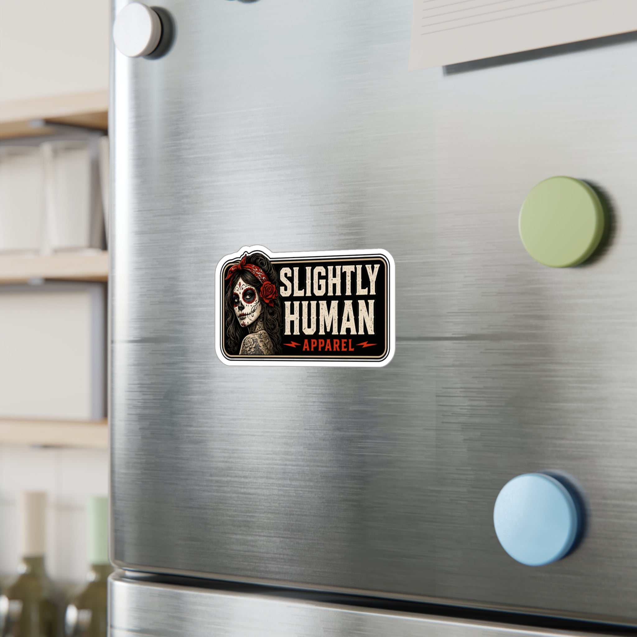 Kiss-Cut Vinyl Decal - "Slightly Human Apparel" Day of the Dead Skull Sticker