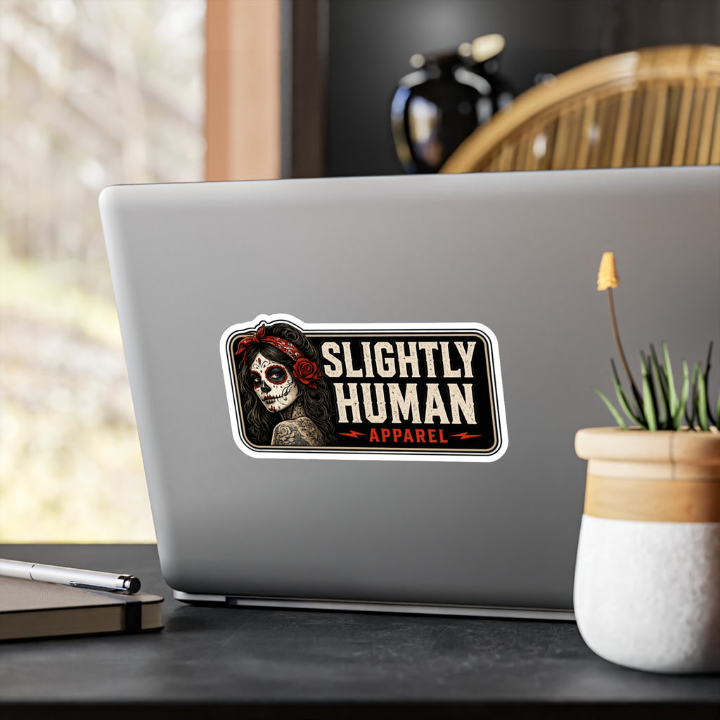 Kiss-Cut Vinyl Decal - "Slightly Human Apparel" Day of the Dead Skull Sticker
