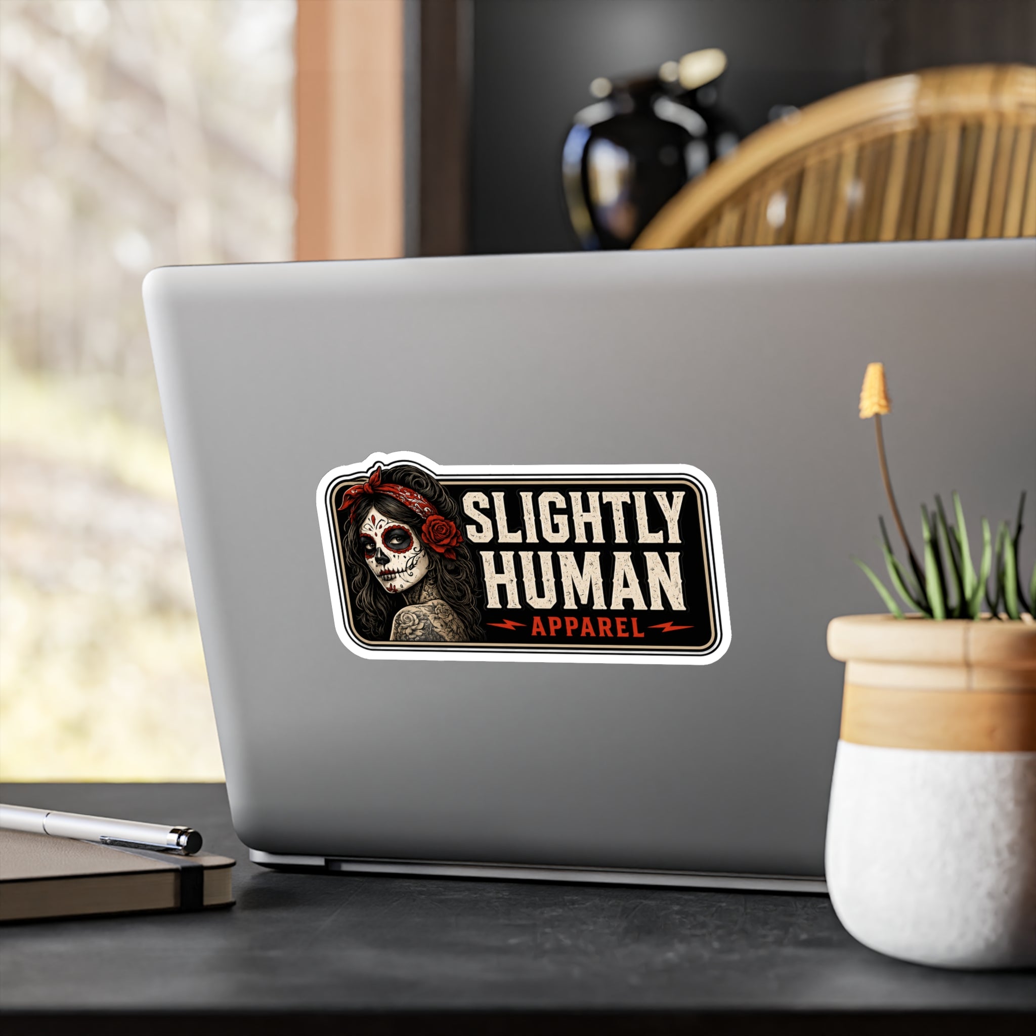 Kiss-Cut Vinyl Decal - "Slightly Human Apparel" Day of the Dead Skull Sticker