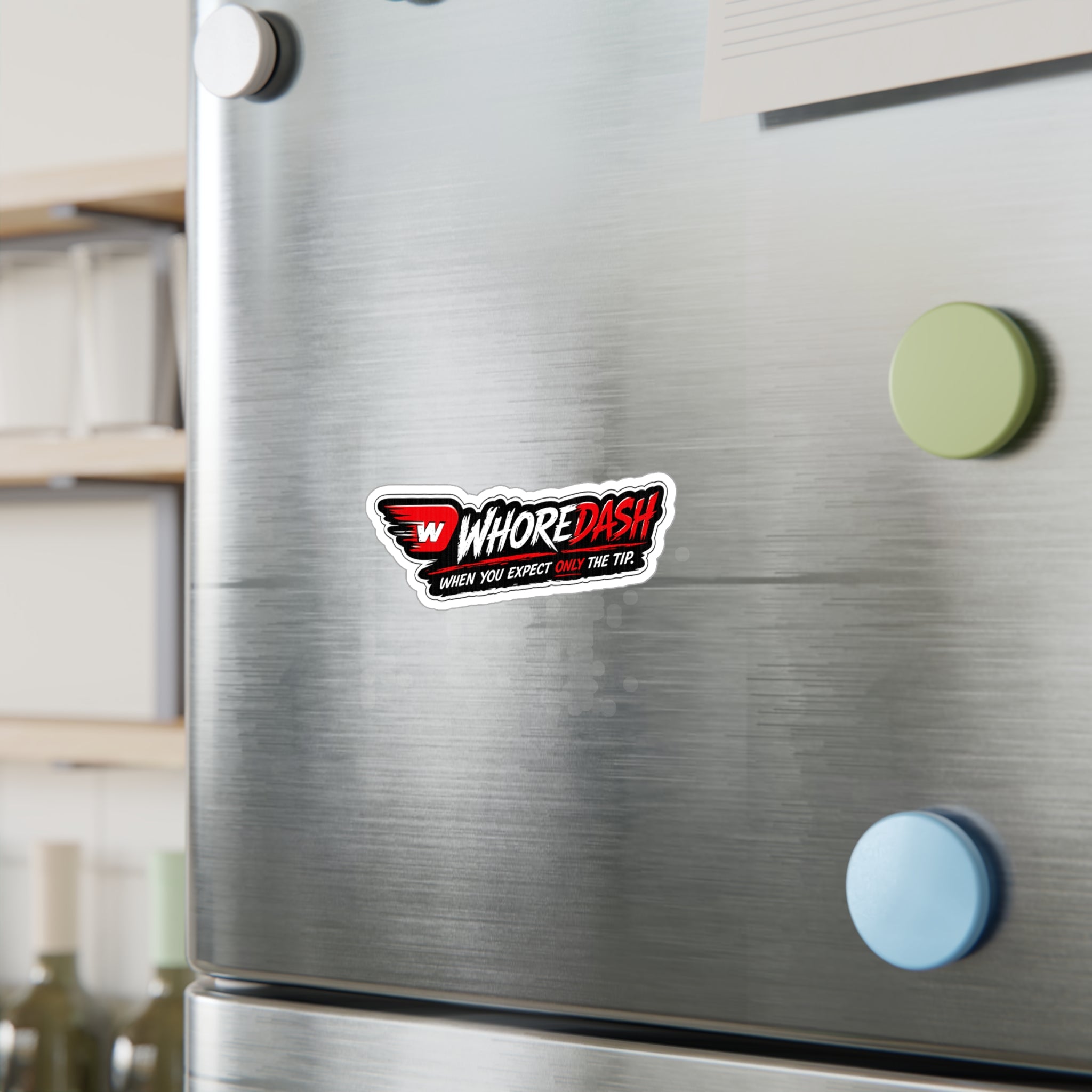 WhoreDash Vinyl Sticker — Funny Racing Logo Kiss-Cut Decal ("When You Expect Only The Tip")