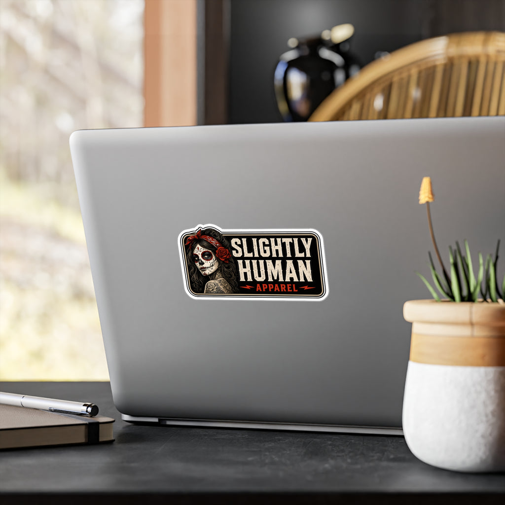 Kiss-Cut Vinyl Decal - "Slightly Human Apparel" Day of the Dead Skull Sticker