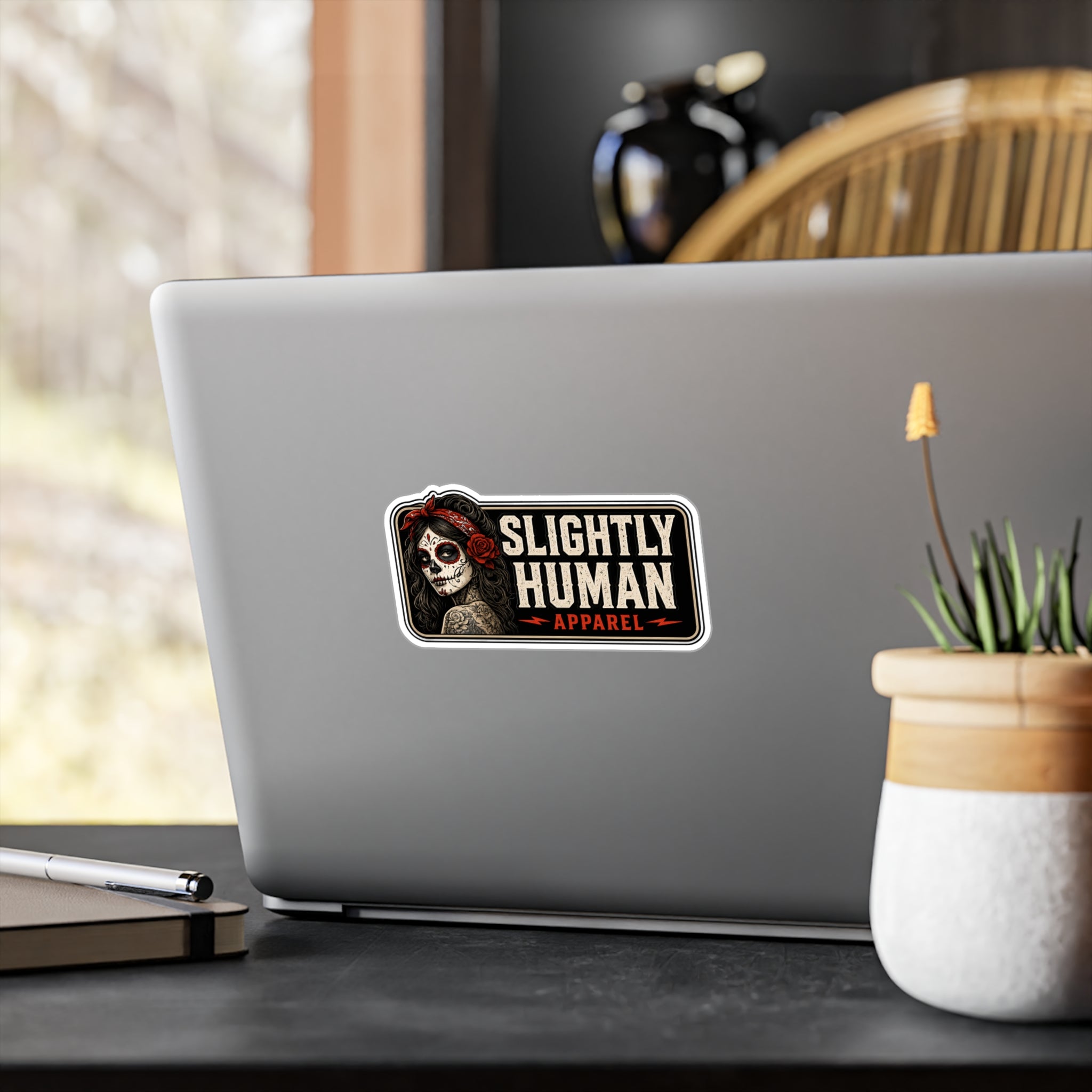 Kiss-Cut Vinyl Decal - "Slightly Human Apparel" Day of the Dead Skull Sticker