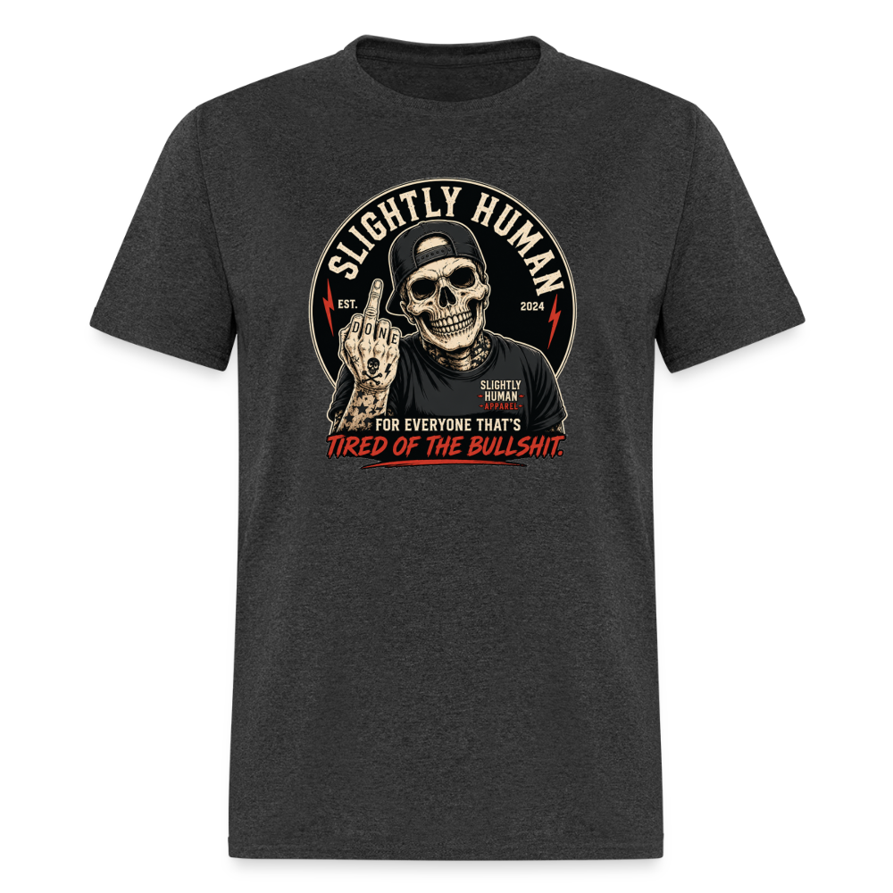 Slightly Human Brand Tee Middle Finger Skull - heather black