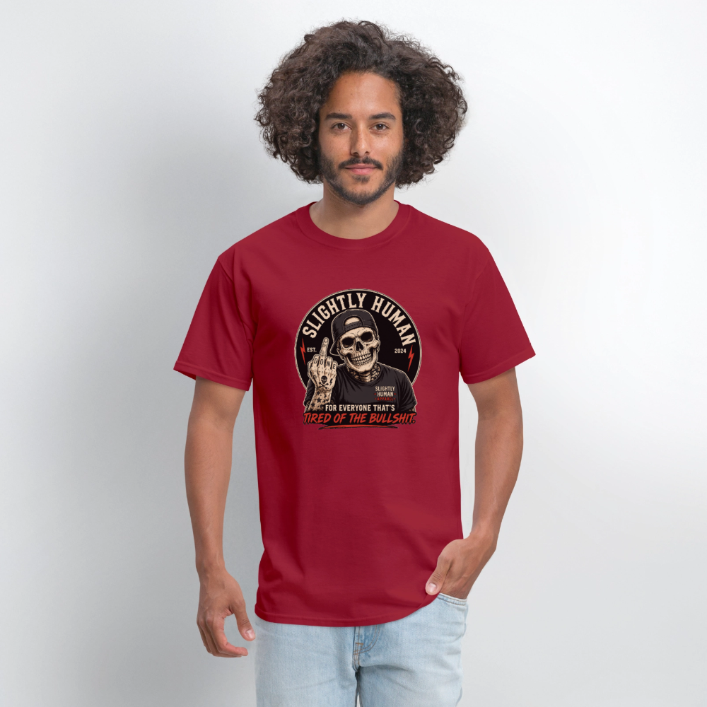 Slightly Human Brand Tee Middle Finger Skull - dark red