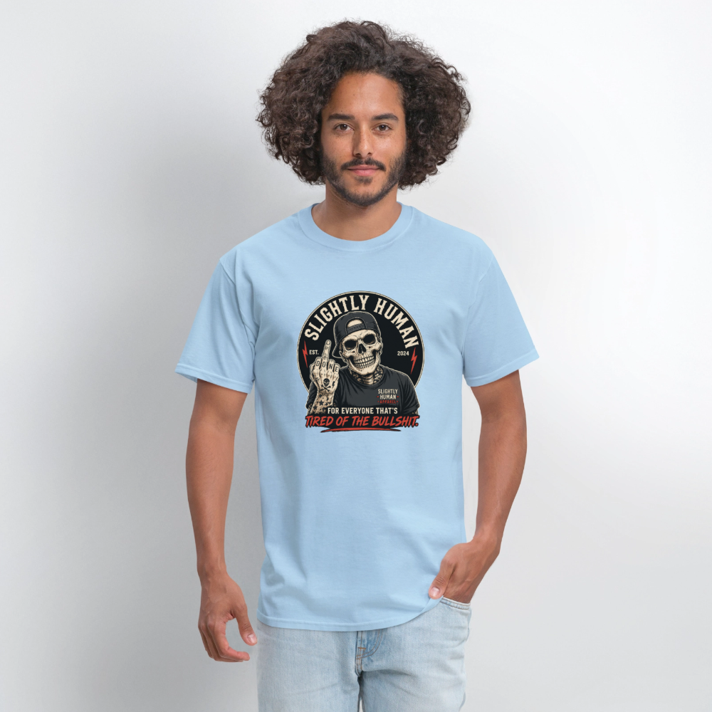Slightly Human Brand Tee Middle Finger Skull - powder blue