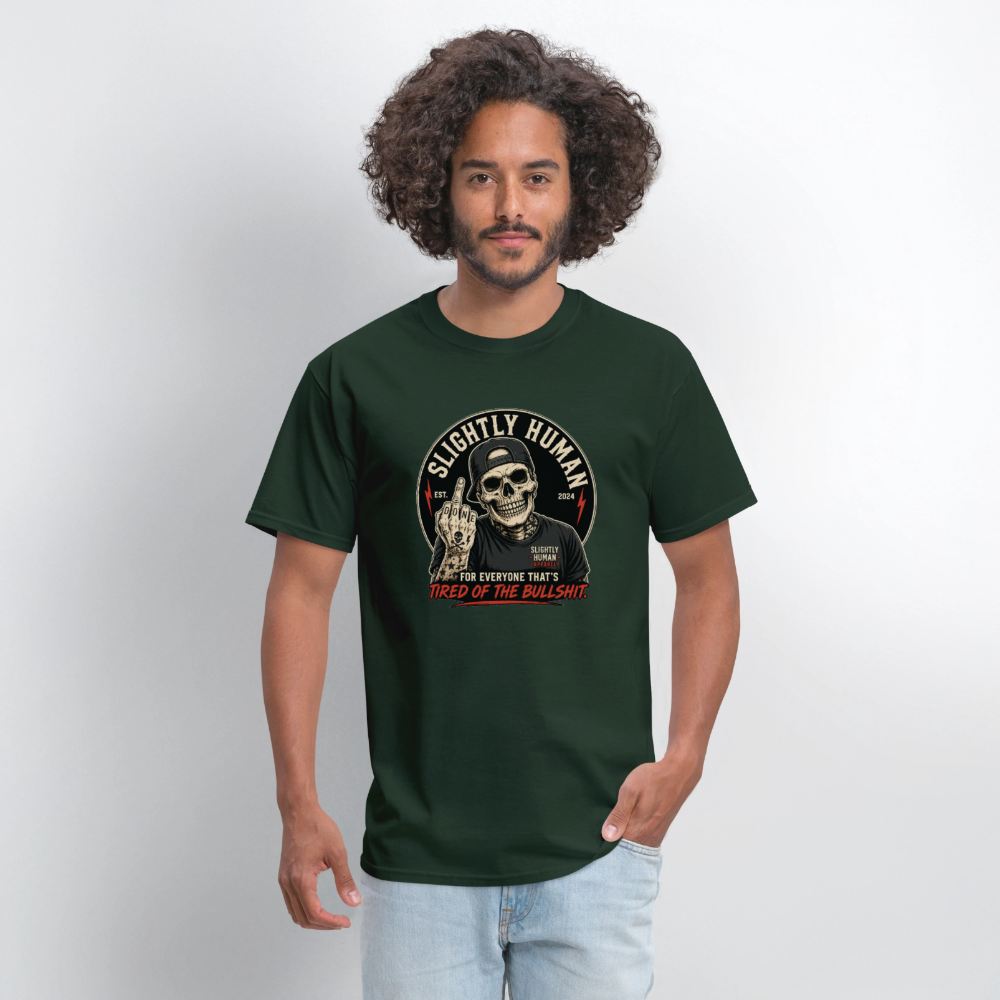 Slightly Human Brand Tee Middle Finger Skull - forest green