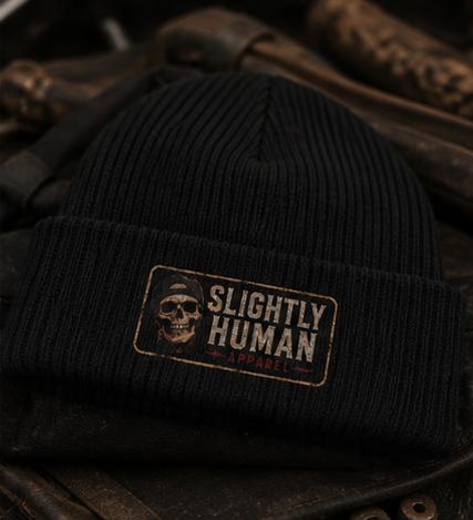 Embroidered 'Slightly Human' Ribbed Knit Beanie - Skull Patch Winter Hat