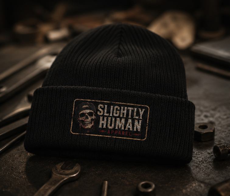 Embroidered 'Slightly Human' Ribbed Knit Beanie - Skull Patch Winter Hat