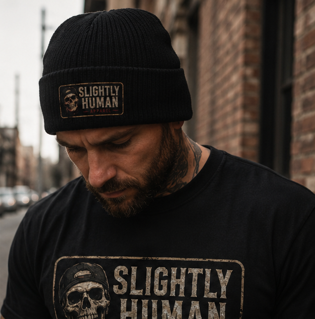 Embroidered 'Slightly Human' Ribbed Knit Beanie - Skull Patch Winter Hat