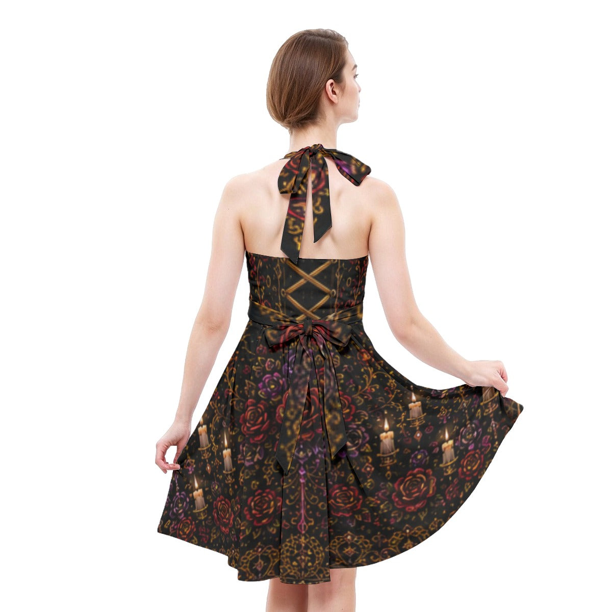 Sugar Skull Elegance - All Over Print Women's Halter Skater Dress