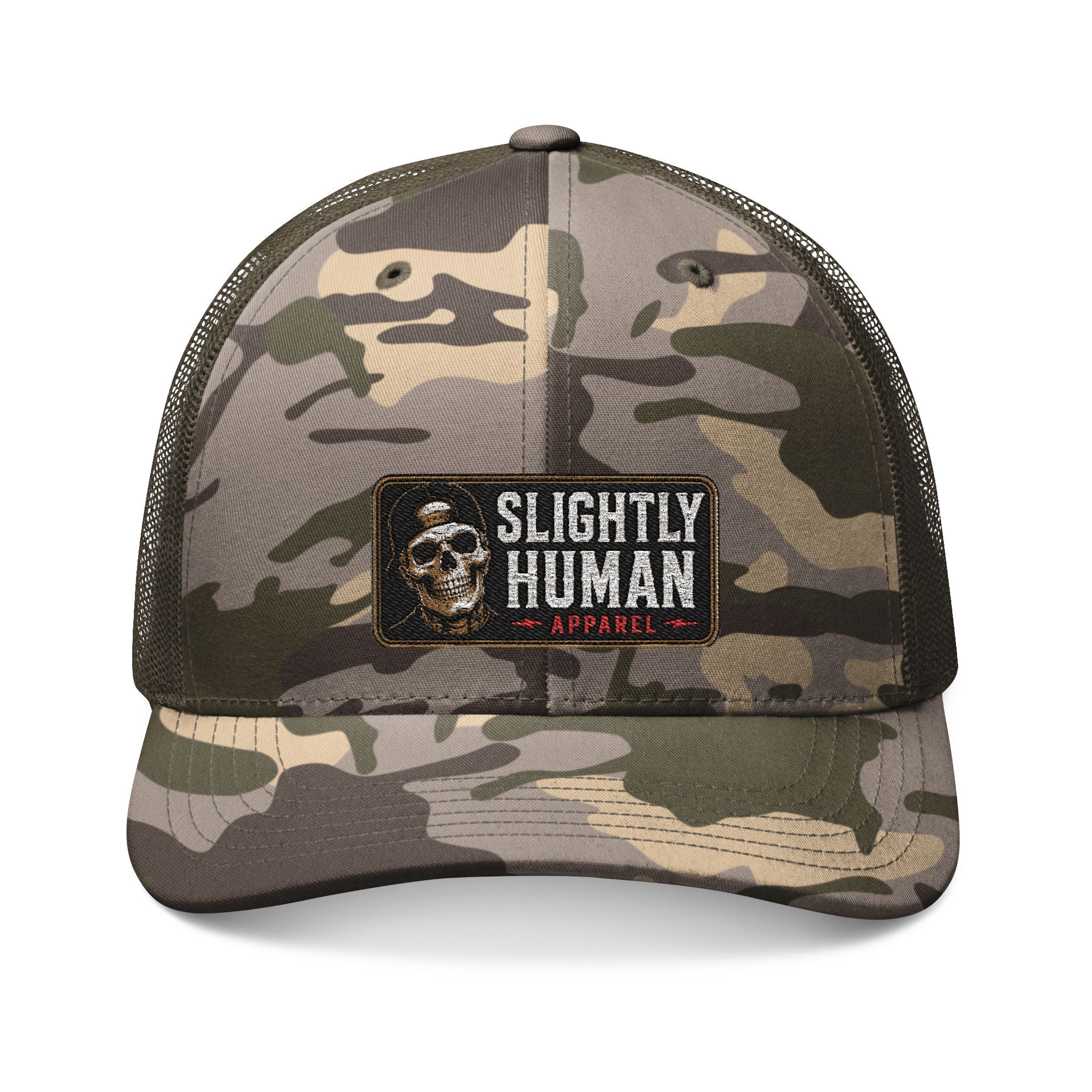 Camo Trucker Hat — Embroidered “Slightly Human” Patch