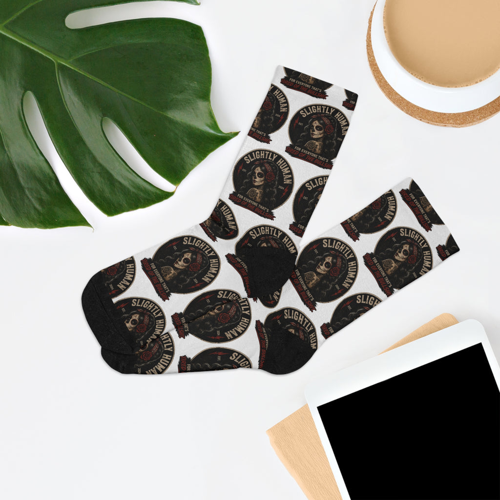 Skull & Helmet Recycled Poly Crew Socks — "Slightly Humble" Vintage Moto Design