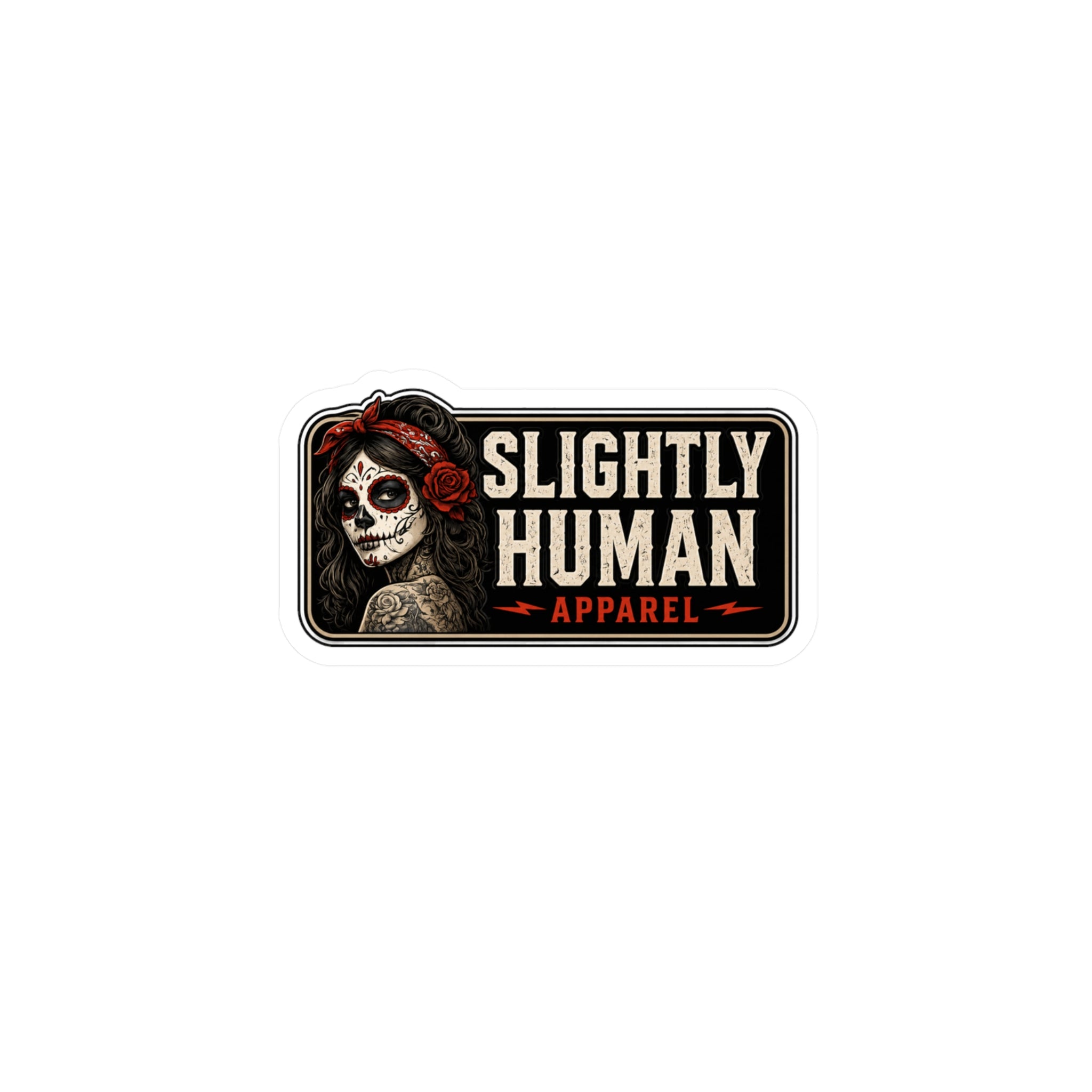 Kiss-Cut Vinyl Decal - "Slightly Human Apparel" Day of the Dead Skull Sticker