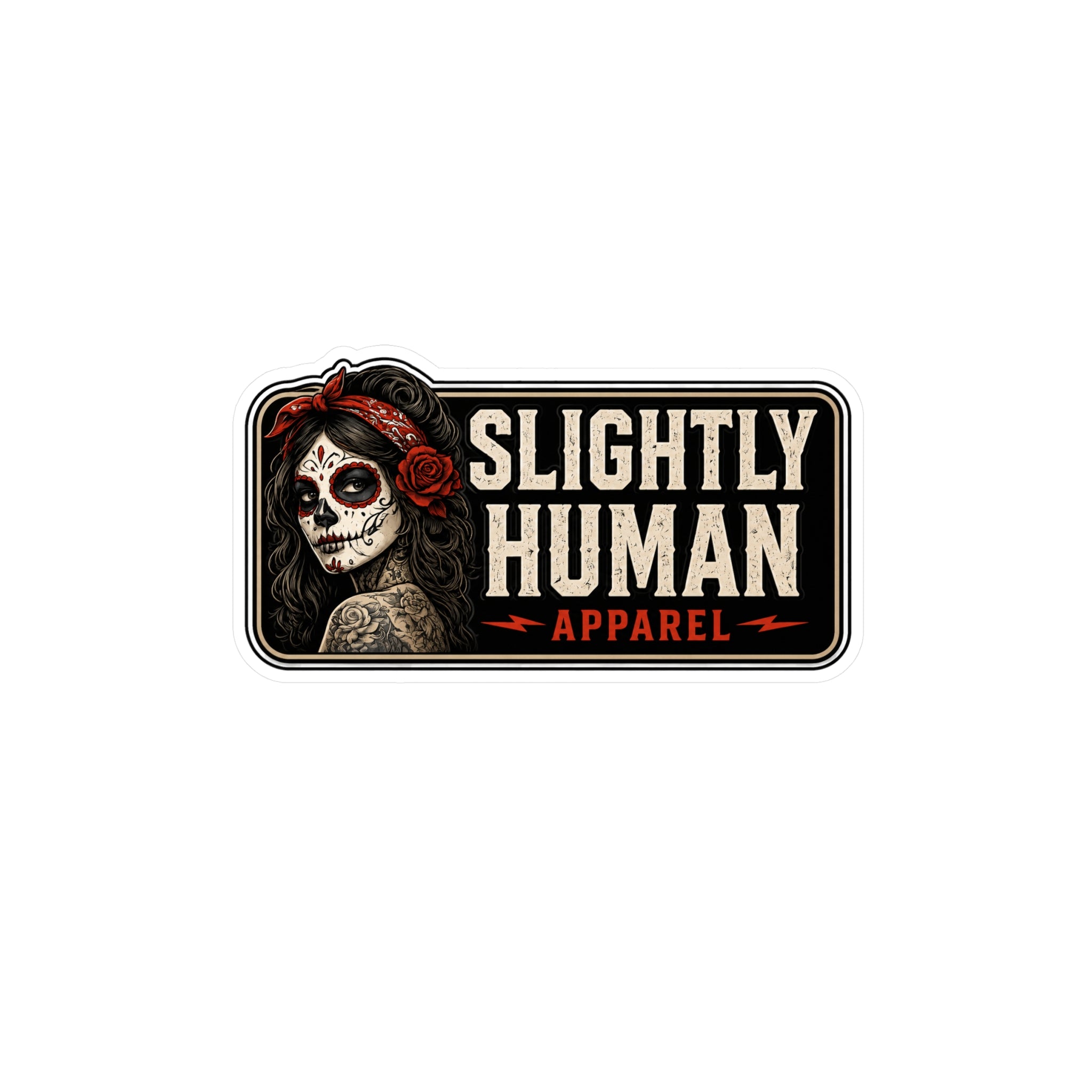 Kiss-Cut Vinyl Decal - "Slightly Human Apparel" Day of the Dead Skull Sticker