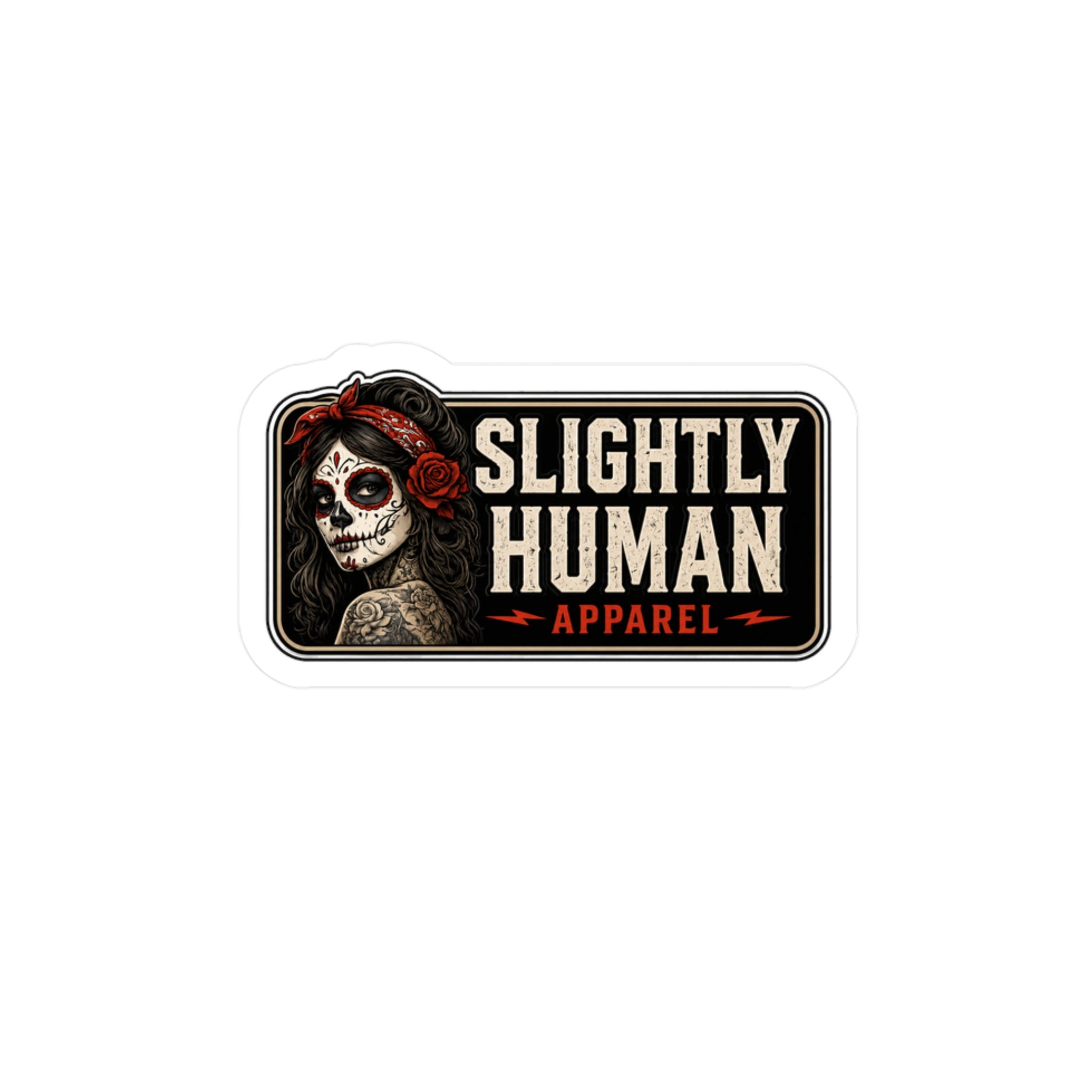 Kiss-Cut Vinyl Decal - "Slightly Human Apparel" Day of the Dead Skull Sticker