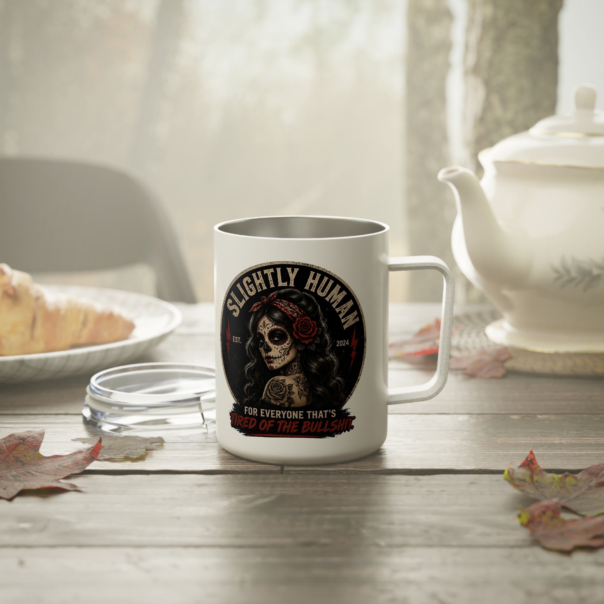 Insulated Mug — “Slightly Human” Skull Coffee Tumbler (10oz)