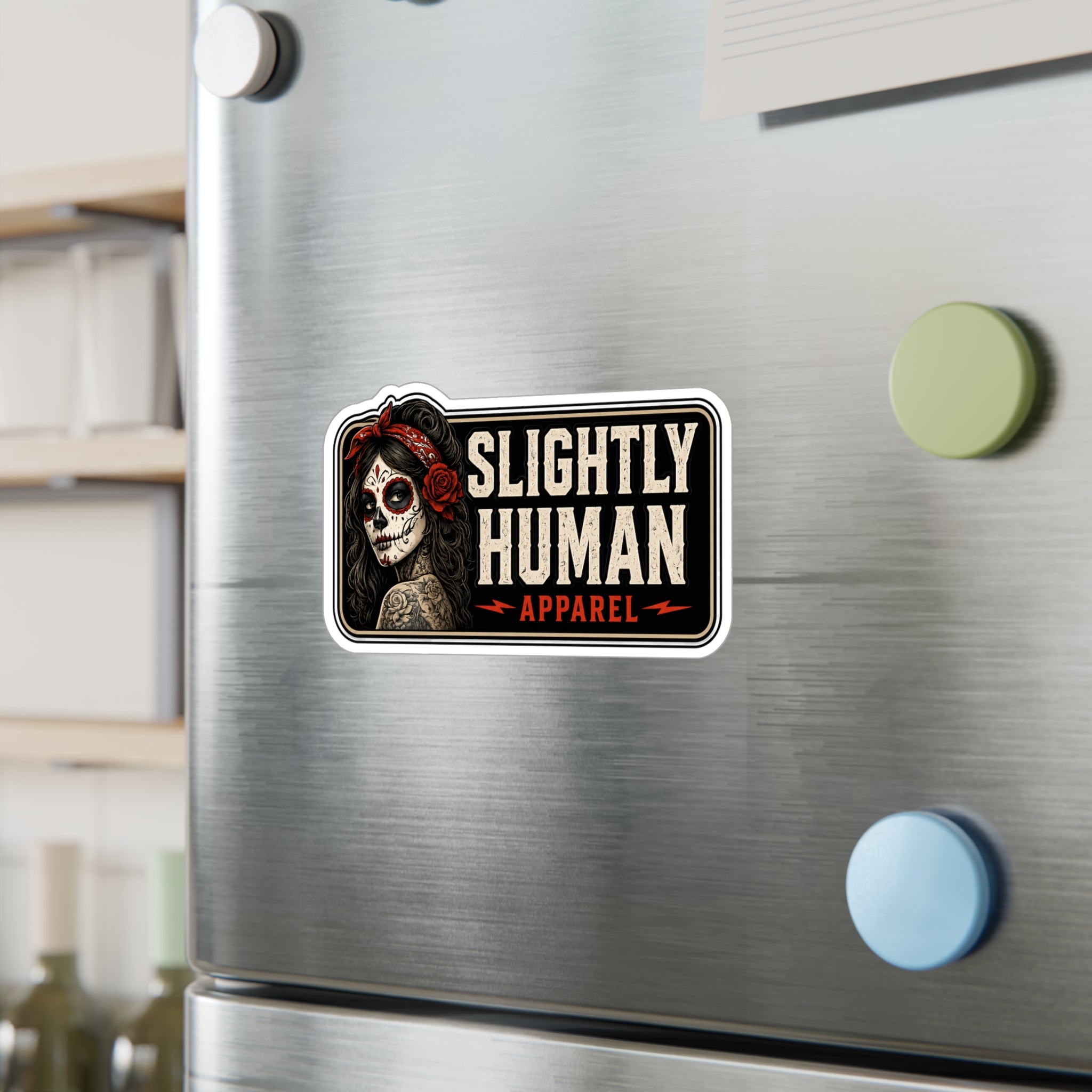 Kiss-Cut Vinyl Decal - "Slightly Human Apparel" Day of the Dead Skull Sticker
