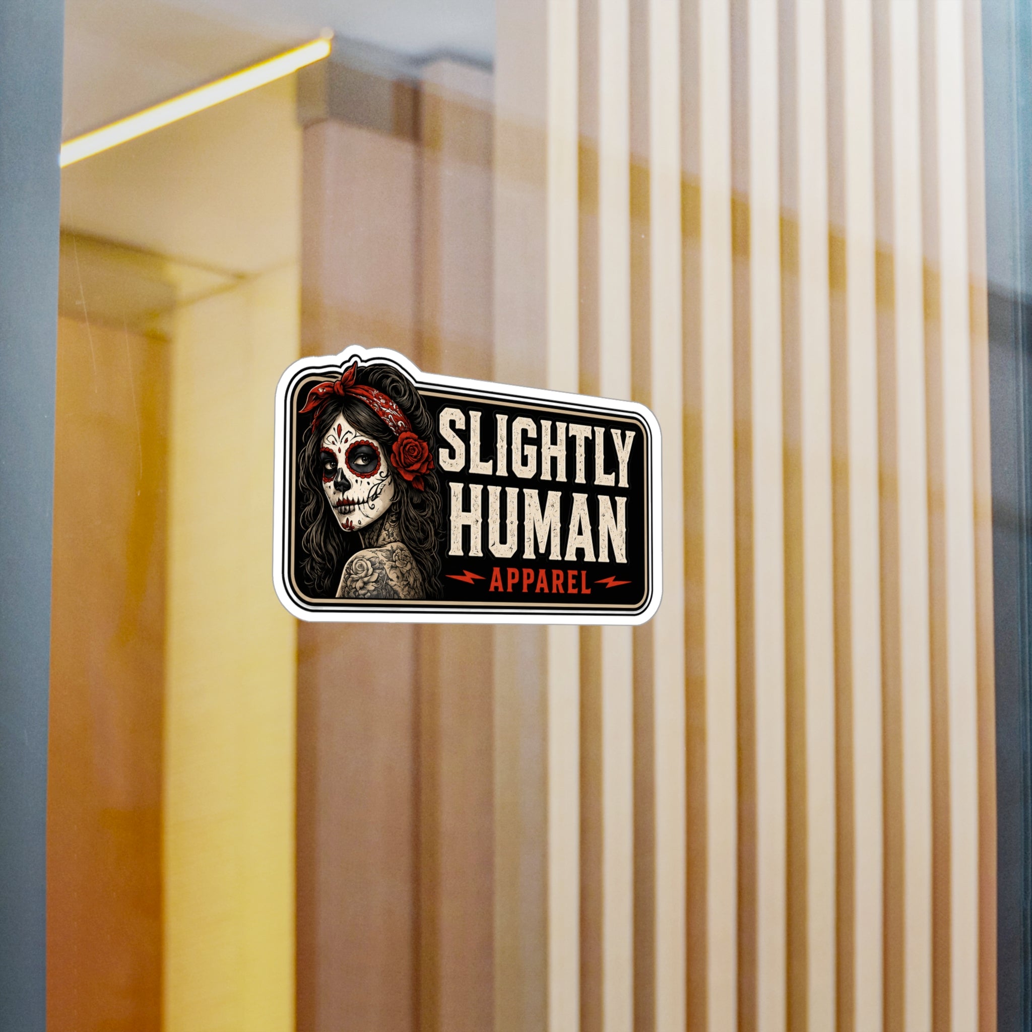 Kiss-Cut Vinyl Decal - "Slightly Human Apparel" Day of the Dead Skull Sticker