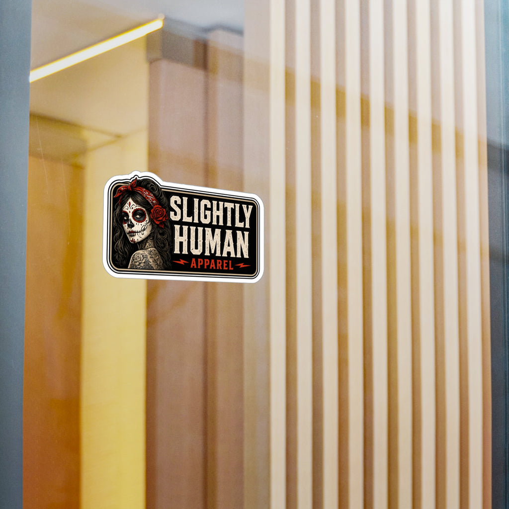Kiss-Cut Vinyl Decal - "Slightly Human Apparel" Day of the Dead Skull Sticker