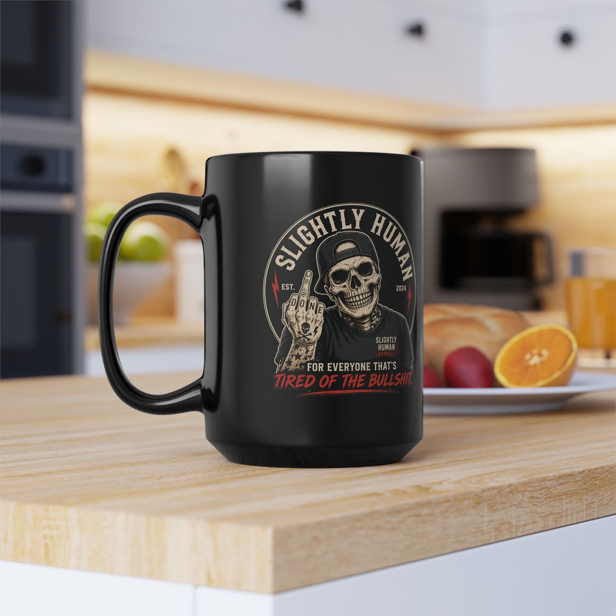 Slightly Human Skull Logo 15oz Black Coffee Mug