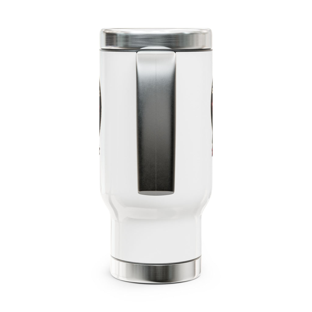 Slightly Human Skull Travel Mug — 14oz Stainless Steel Handle Tumbler (“Tired of the Bullshit”)
