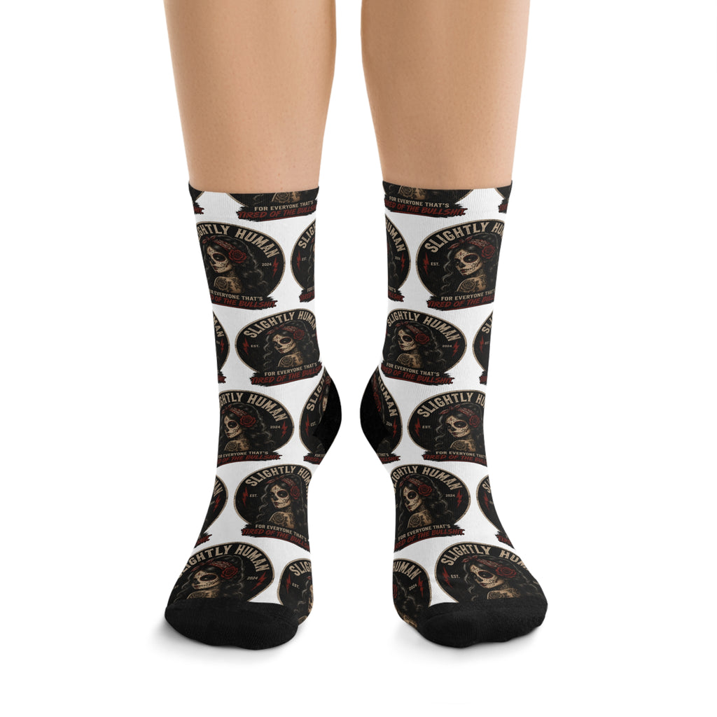 Skull & Helmet Recycled Poly Crew Socks — "Slightly Humble" Vintage Moto Design
