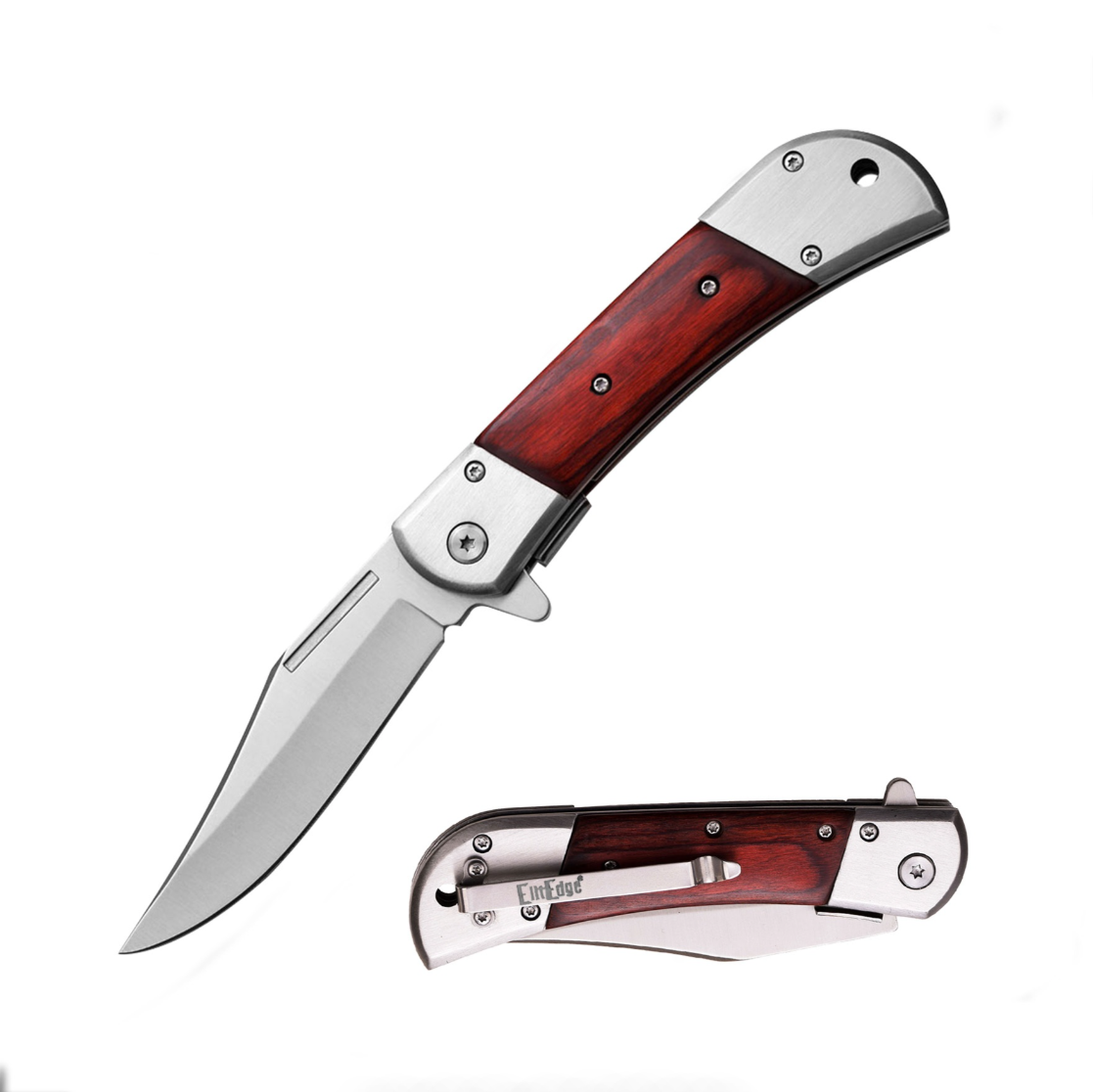 4 Inch Closed Spring Assisted Knife With Red Wood Handle