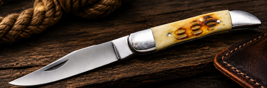 6" White Bone Handle Folding Pocket Knife with Vinyl Sheath