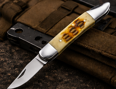 6" White Bone Handle Folding Pocket Knife with Vinyl Sheath