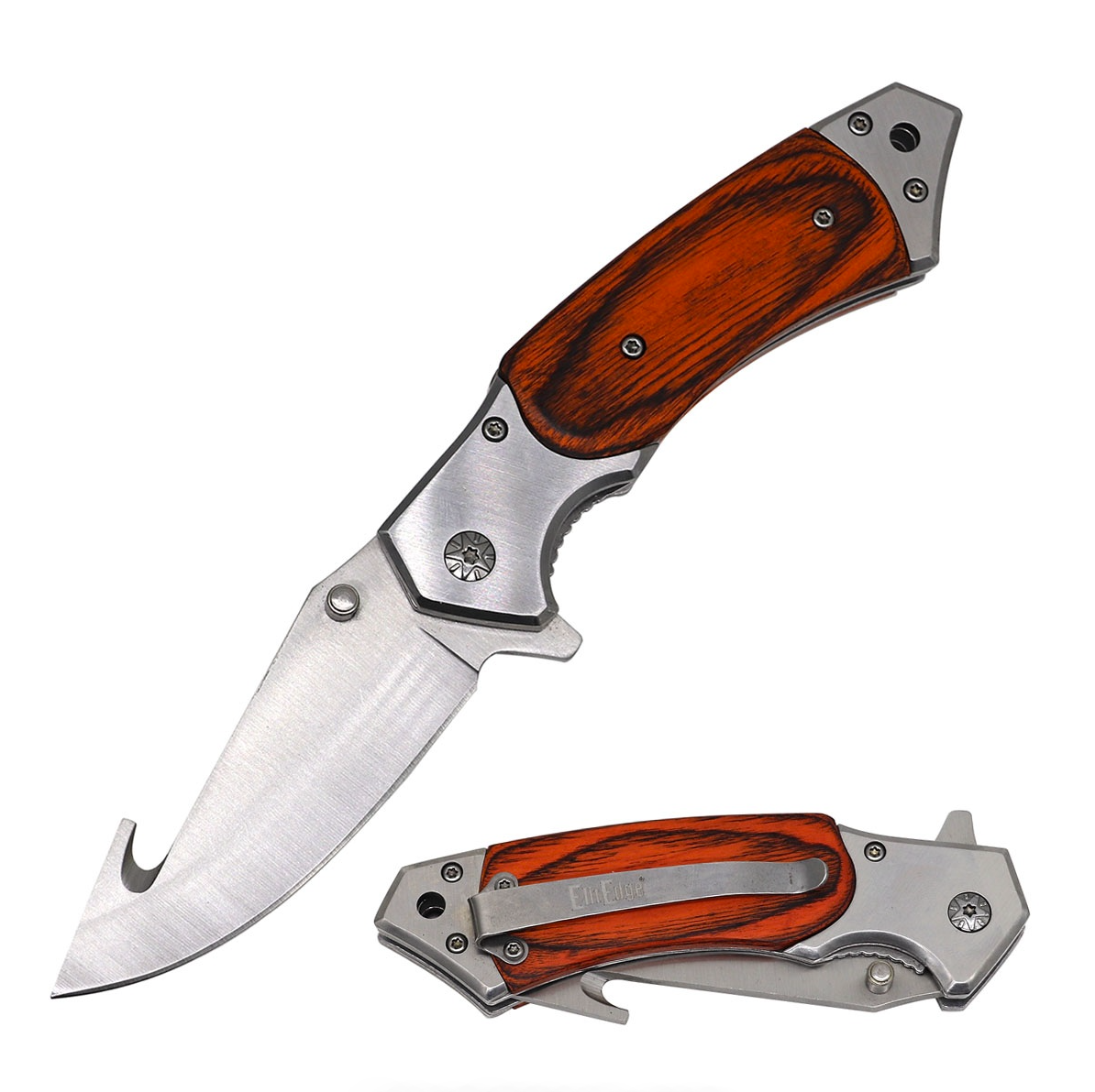 Wisdom Gut Hook Wood Handle Spring Assist Pocket Knife